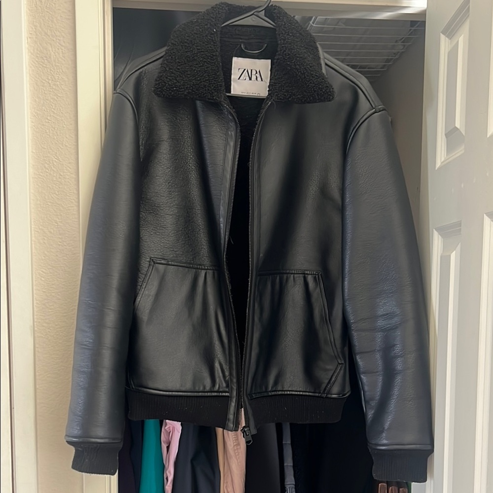 Zara Black Leather Jacket with Shearling Collar
